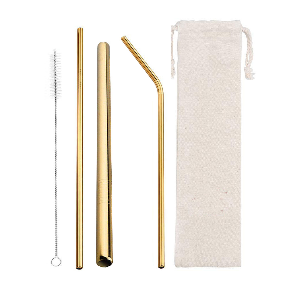 GL-AAJ1081 4 in 1 Gold Metal Drinking Straws Set w/ Cleaning Brush