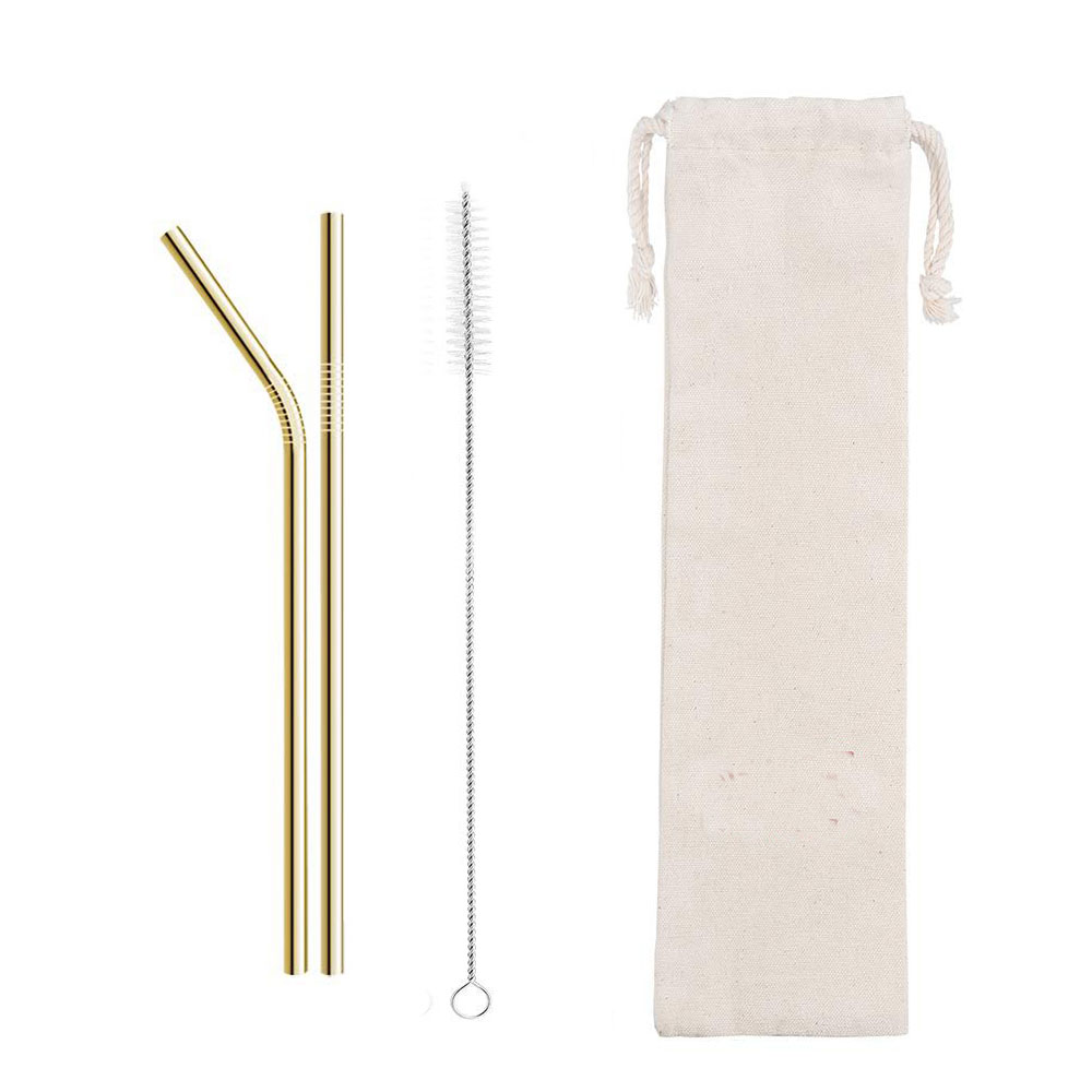 GL-AAJ1083 3 in 1 Gold Drinking Metal Straws Set with Cleaning Brush