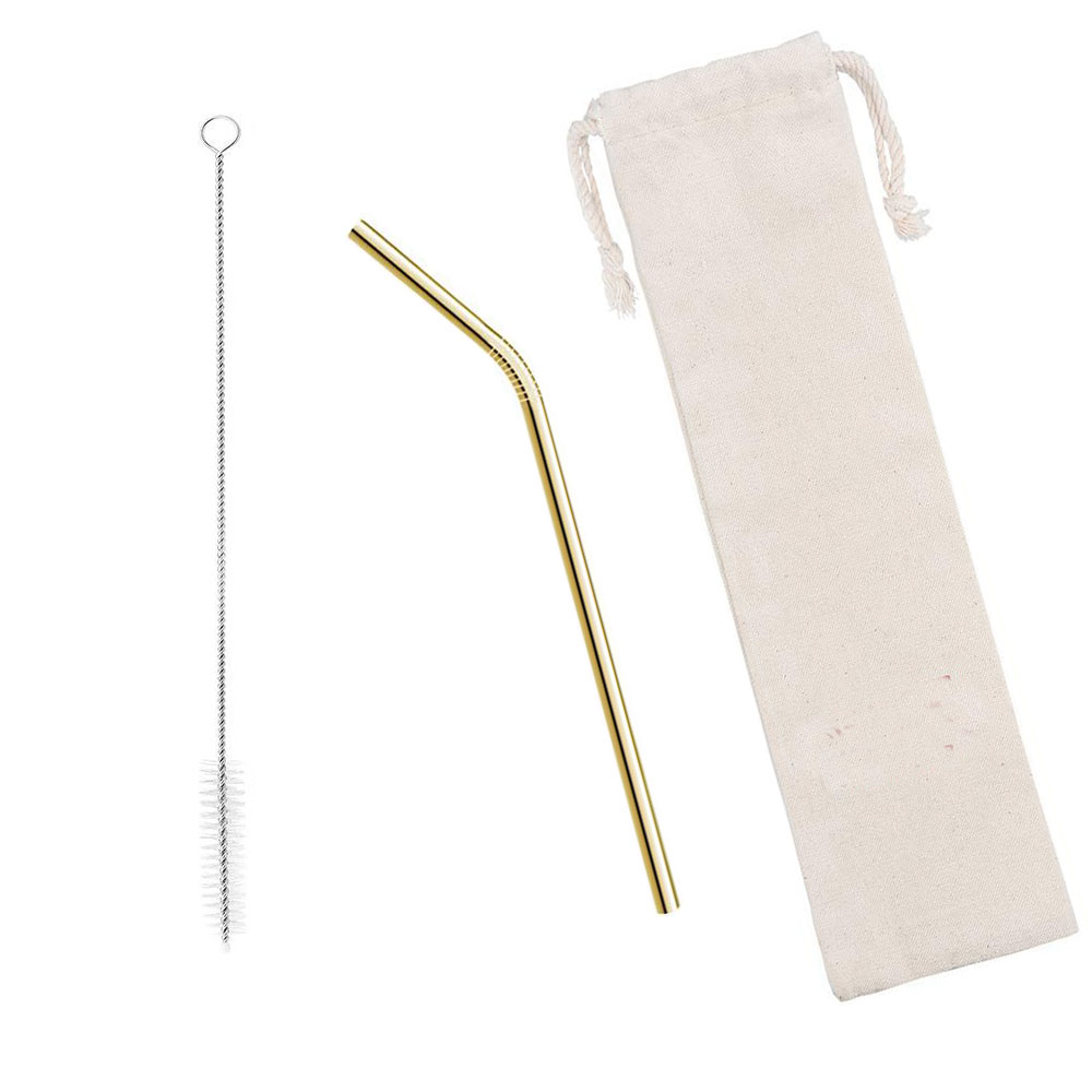 GL-AAJ1089 2 in 1 Golden Metal Drinking Straws with Cleaning Brush