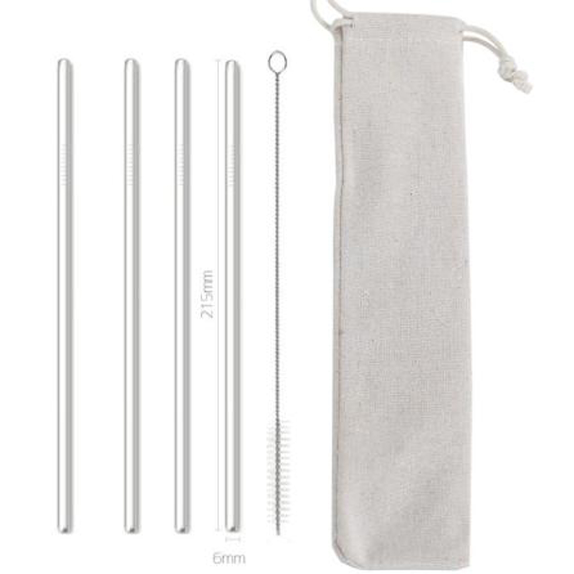 GL-ELY1253 5 in 1 Straight Metal Straw Set with White Carrying Pouch