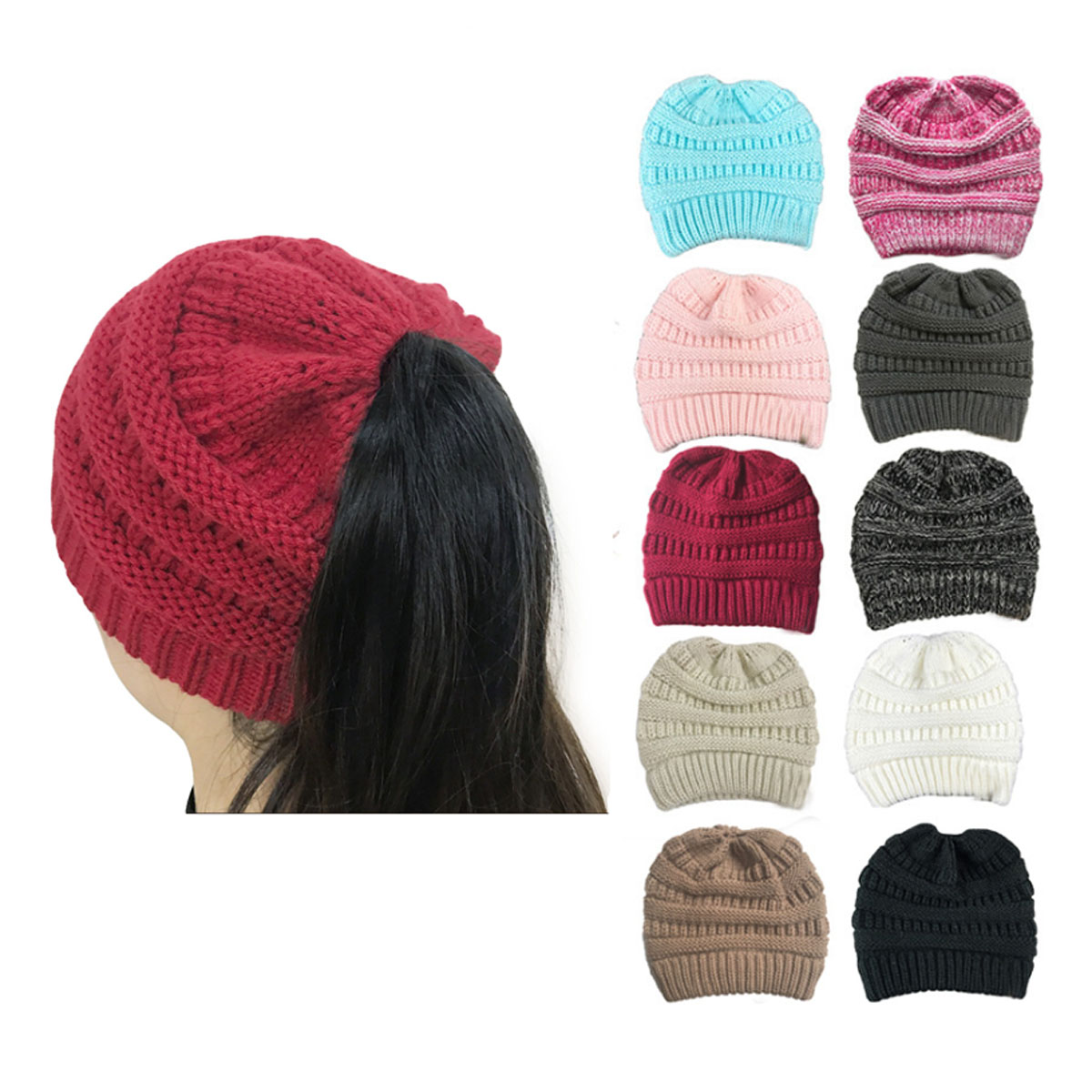 GL-AAD1074 Soft Knit  Winter Beanie with Ponytail Hole