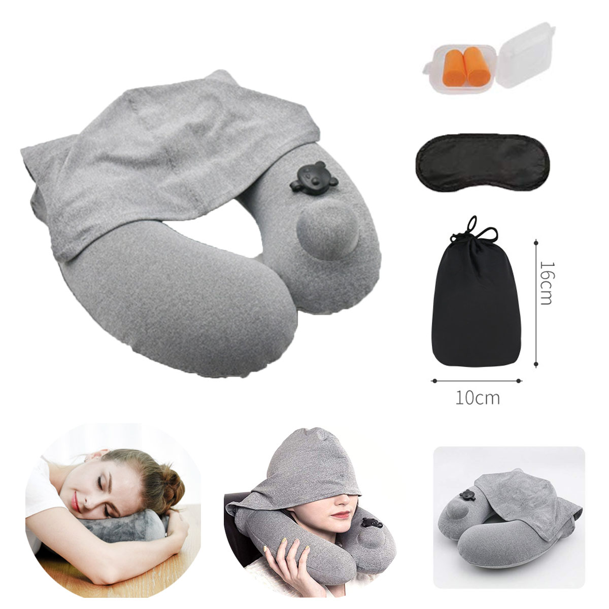GL-AKL0116 Flocking Inflatable Neck Pillow With Hoodie
